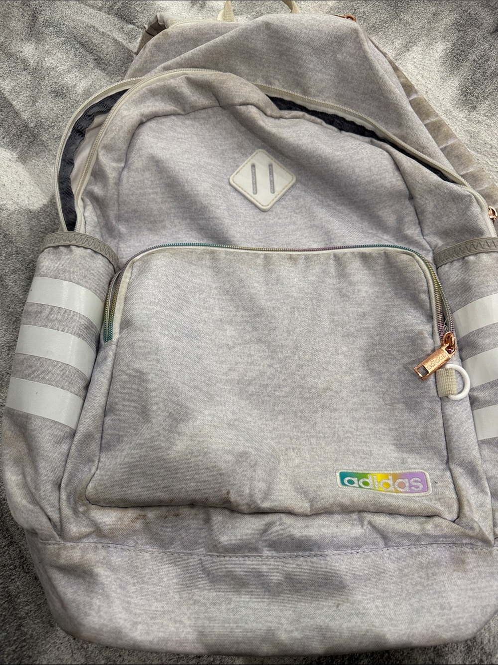 adidas Kids Heather Gray Backpack with Reflective Stripes and Pastel Logo
